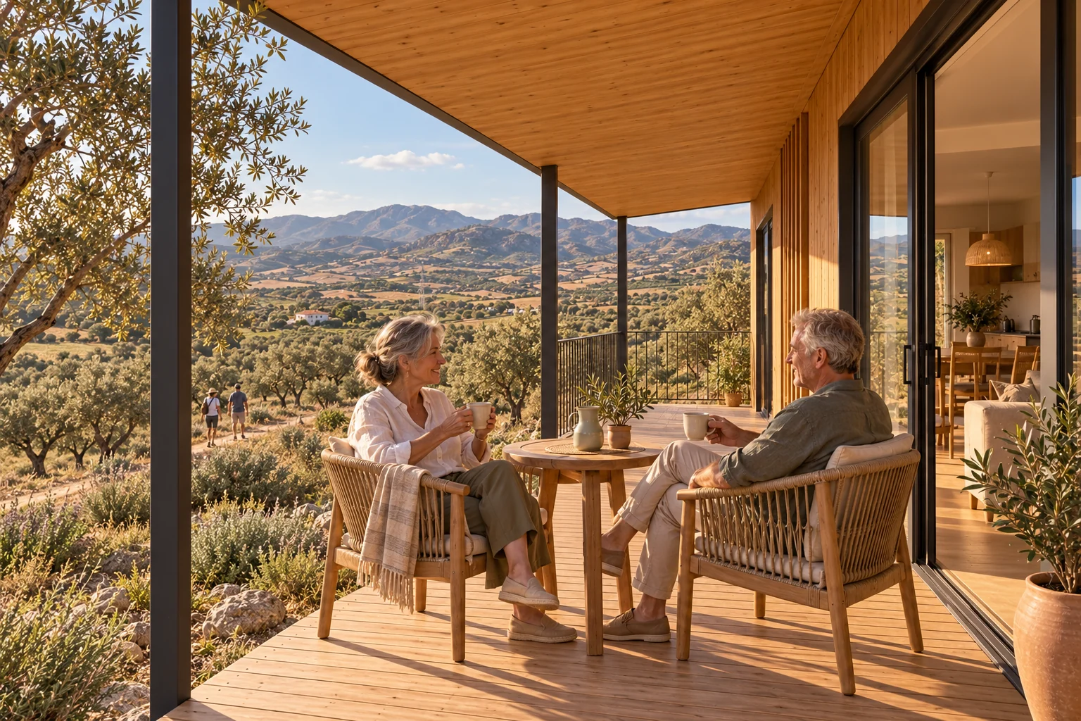 Visualización del proyecto: personas de unos sesenta y setenta años comparten una conversación tranquila junto al paisaje de San Miguel