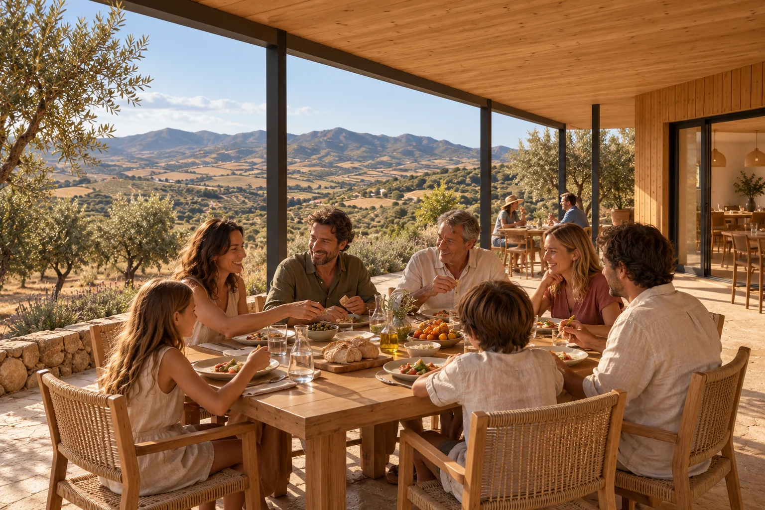 Visualización del proyecto: una mesa compartida bajo una pérgola de madera abierta al paisaje de San Miguel