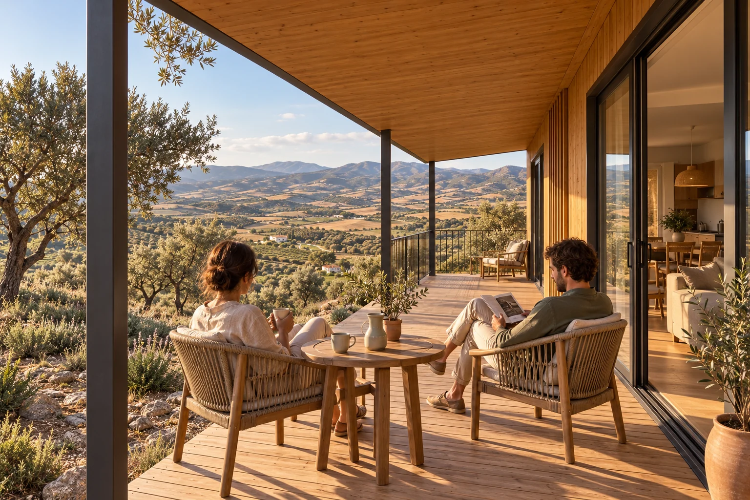 Visualización del proyecto: vista desde un porche de madera hacia la ladera y el valle de San Miguel