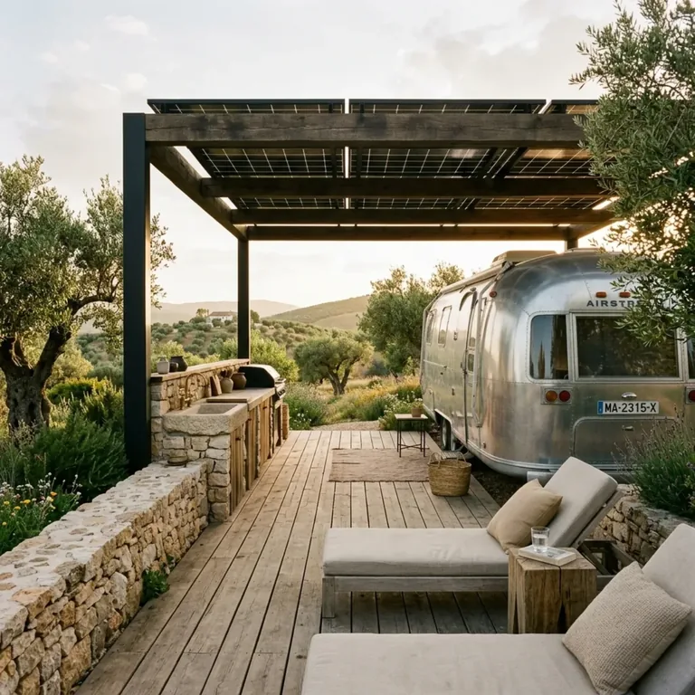Pérgola solar: sombra y energía · Referencia visual Veridian